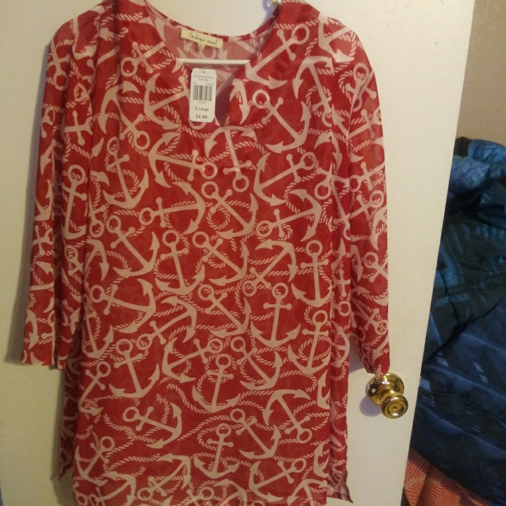 Red & White Anchor Sheer Blouse